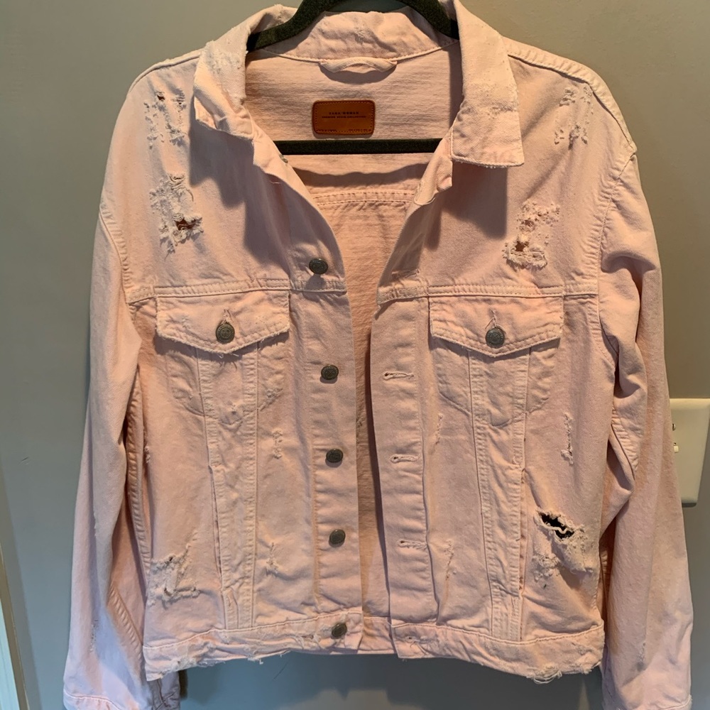 NEW Zara Pink Oversized Distressed Jean Jacket